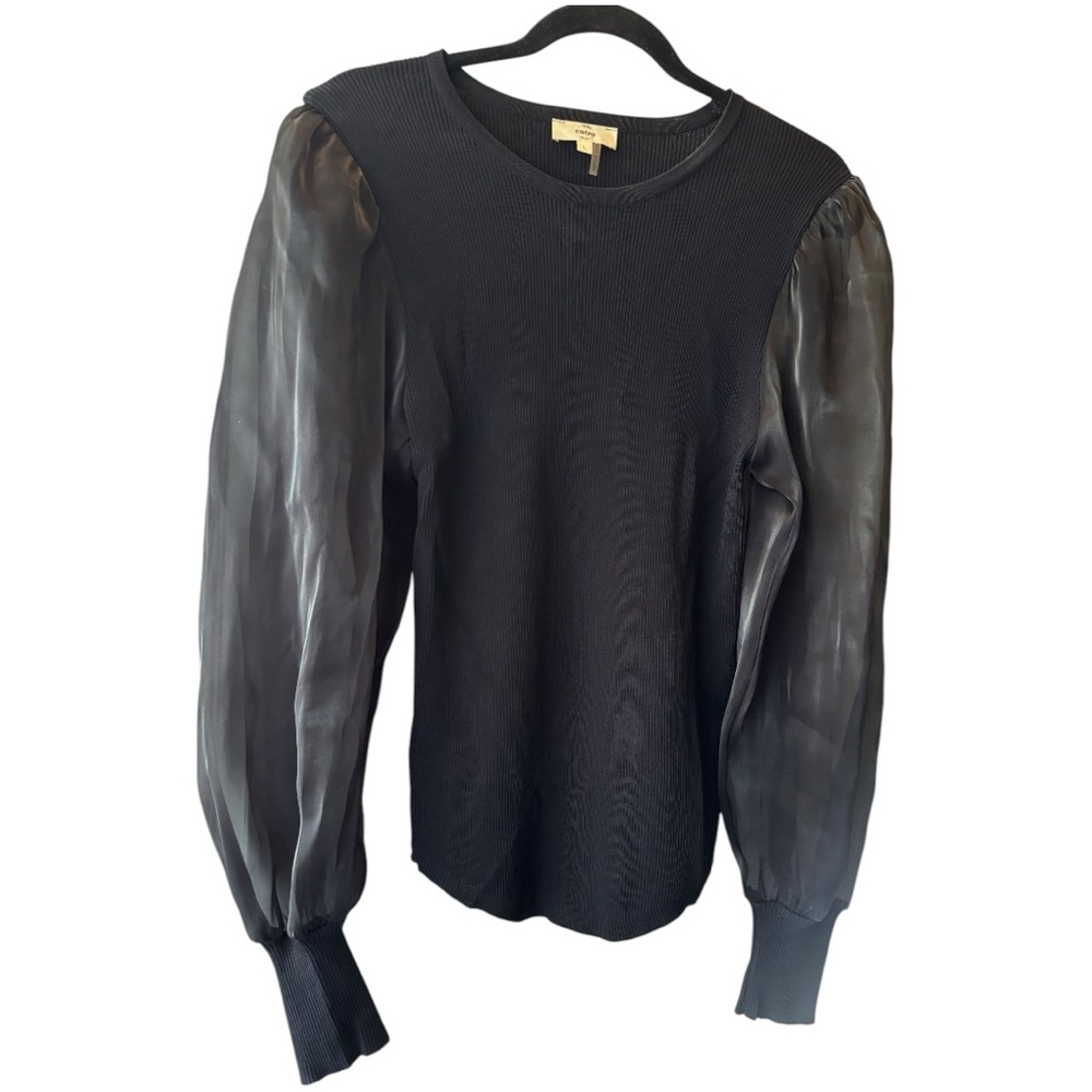 Entro black ribbed polyester and sheer satin top size L